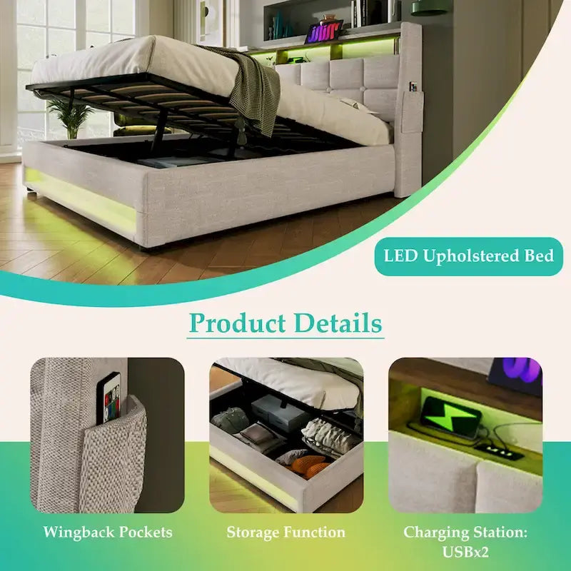 Lit plate-forme capitonné Queen Size avec rangement hydraulique, éclairage LED et chargement USB (Gris, Sans Matelas)