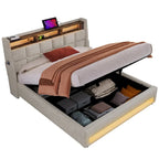Lit plate-forme capitonné Queen Size avec rangement hydraulique, éclairage LED et chargement USB (Gris, Sans Matelas)
