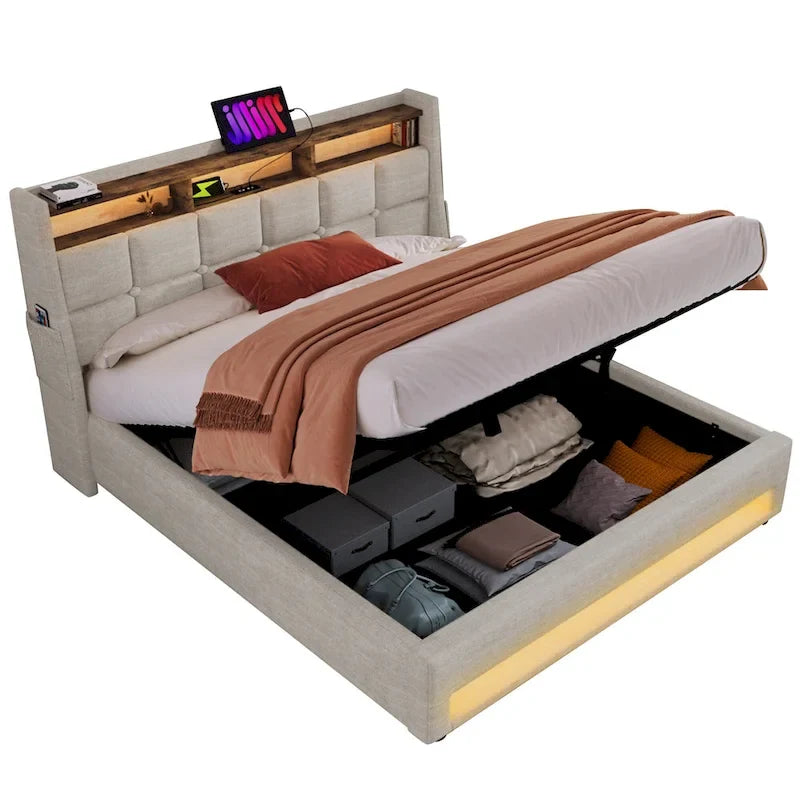 Lit plate-forme capitonné Queen Size avec rangement hydraulique, éclairage LED et chargement USB (Gris, Sans Matelas)