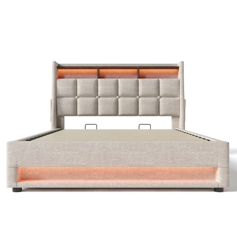Lit plate-forme capitonné Queen Size avec rangement hydraulique, éclairage LED et chargement USB (Gris, Sans Matelas)