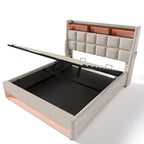 Lit plate-forme capitonné Queen Size avec rangement hydraulique, éclairage LED et chargement USB (Gris, Sans Matelas)