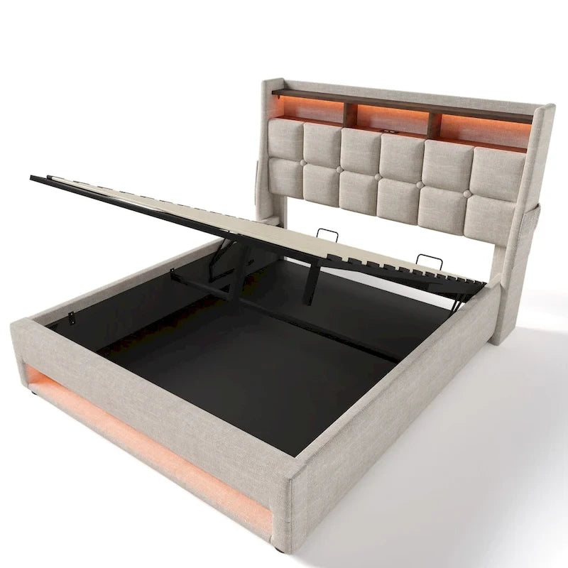 Lit plate-forme capitonné Queen Size avec rangement hydraulique, éclairage LED et chargement USB (Gris, Sans Matelas)