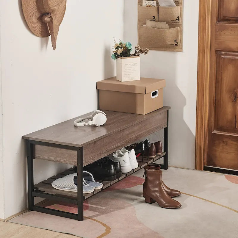 Banc de rangement en bois avec compartiment à couvercle relevable et étagère à chaussures