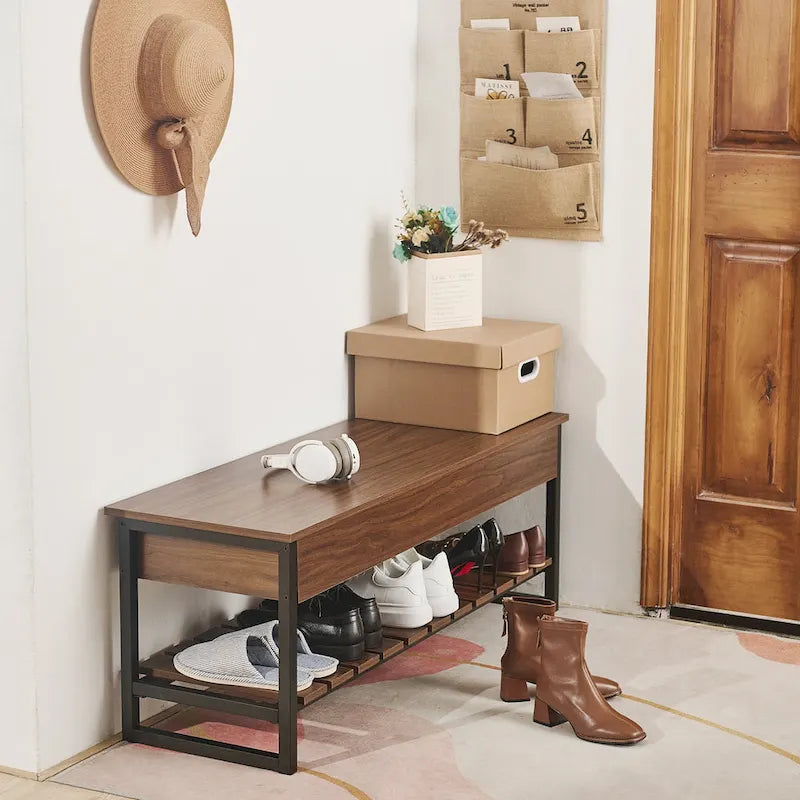 Banc de rangement en bois avec compartiment à couvercle relevable et étagère à chaussures