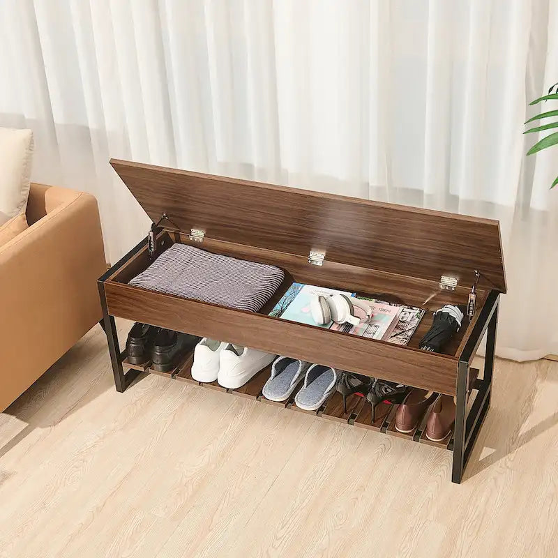 Banc de rangement en bois avec compartiment à couvercle relevable et étagère à chaussures