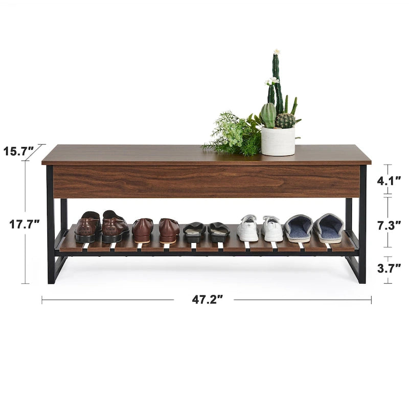 Banc de rangement en bois avec compartiment à couvercle relevable et étagère à chaussures