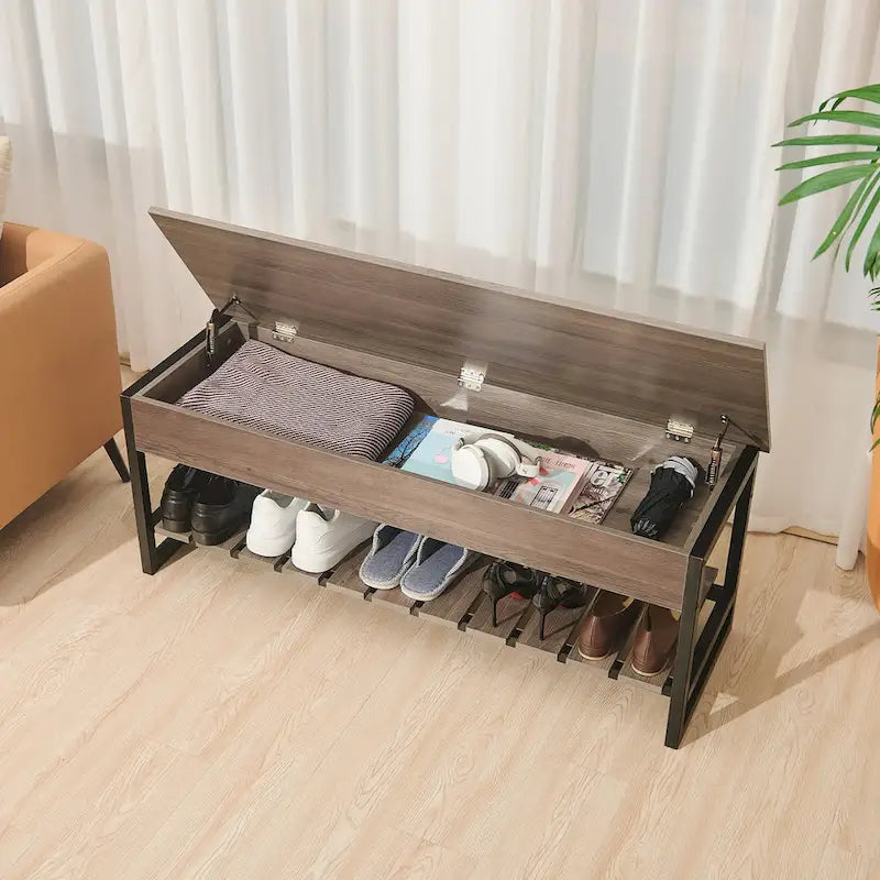 Banc de rangement en bois avec compartiment à couvercle relevable et étagère à chaussures