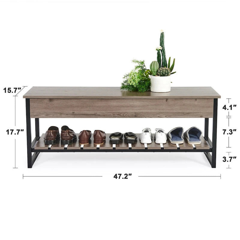 Banc de rangement en bois avec compartiment à couvercle relevable et étagère à chaussures