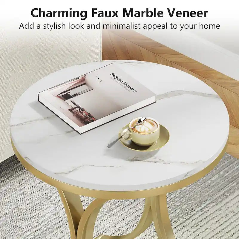 Table d'appoint ronde avec plateau aspect marbre et structure en métal