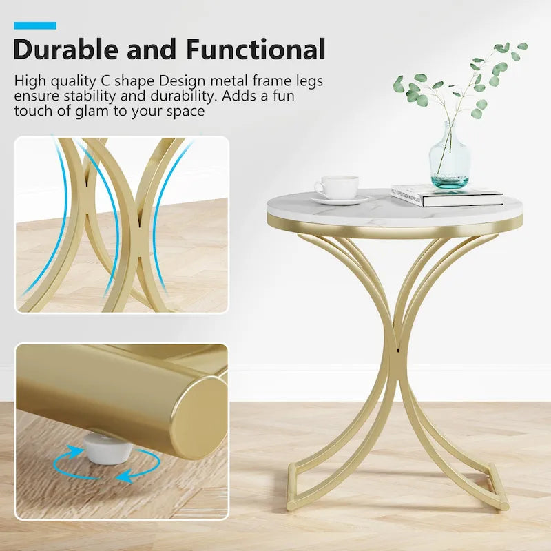 Table d'appoint ronde avec plateau aspect marbre et structure en métal