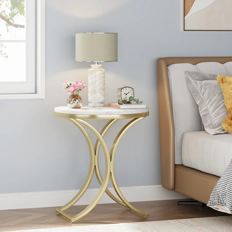 Table d'appoint ronde avec plateau aspect marbre et structure en métal