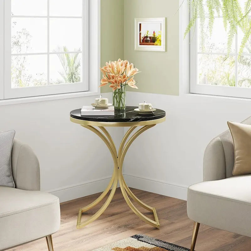 Table d'appoint ronde avec plateau aspect marbre et structure en métal