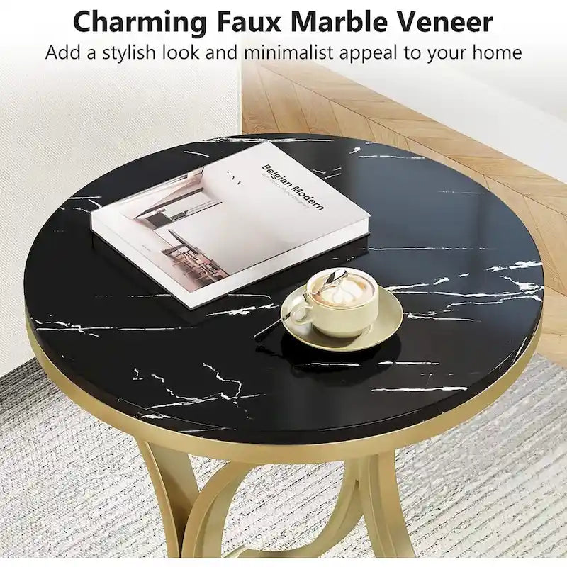 Table d'appoint ronde avec plateau aspect marbre et structure en métal