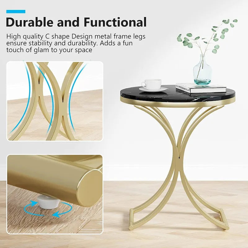 Table d'appoint ronde avec plateau aspect marbre et structure en métal
