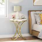 Table d'appoint ronde avec plateau aspect marbre et structure en métal
