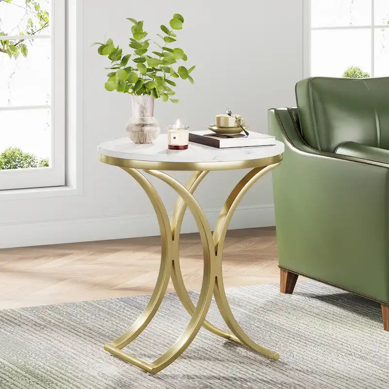Table d'appoint ronde avec plateau aspect marbre et structure en métal