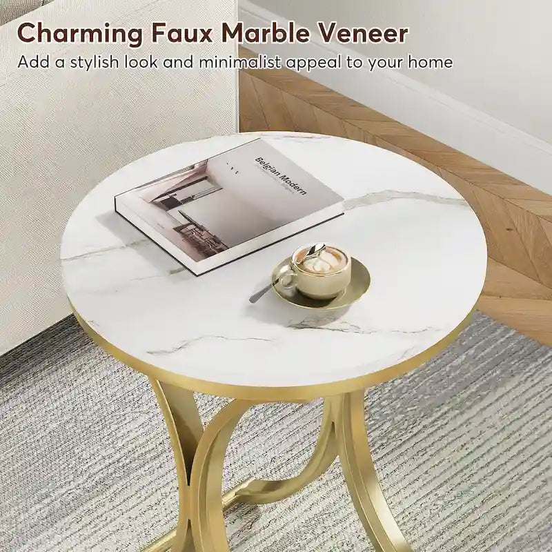 Table d'appoint ronde avec plateau aspect marbre et structure en métal