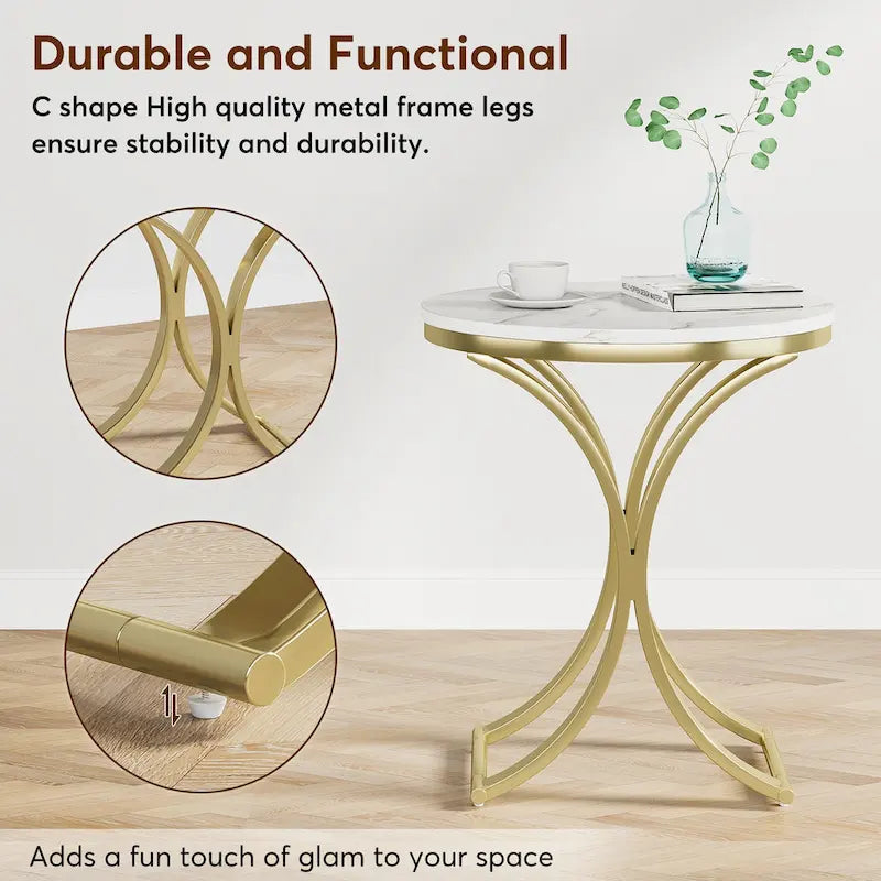 Table d'appoint ronde avec plateau aspect marbre et structure en métal