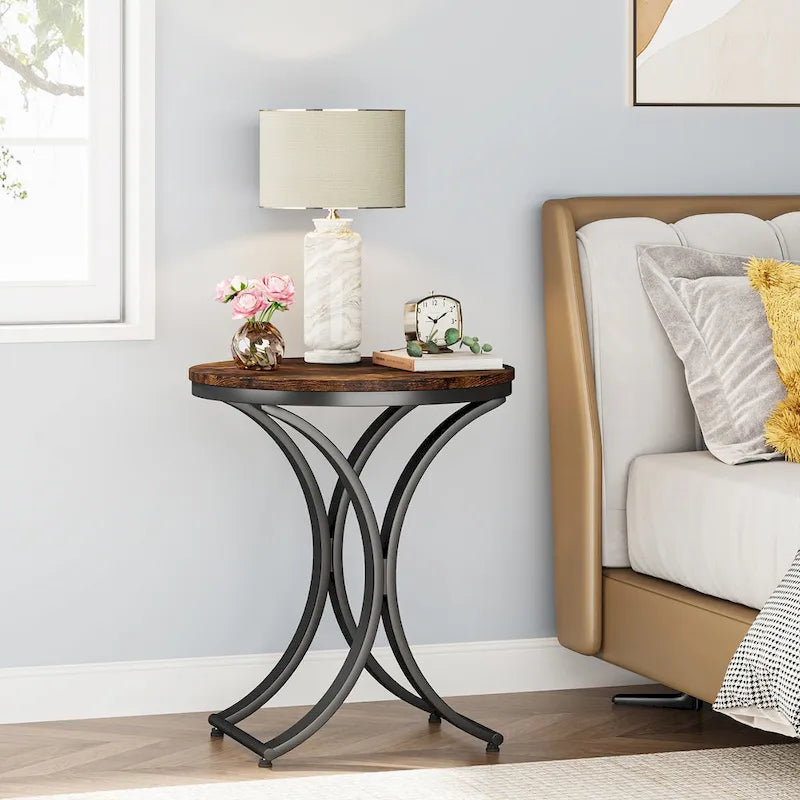 Table d'appoint ronde avec plateau aspect marbre et structure en métal