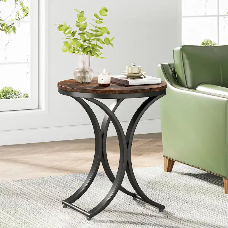 Table d'appoint ronde avec plateau aspect marbre et structure en métal