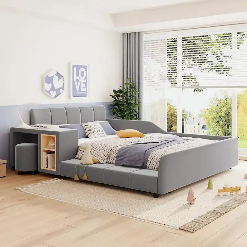 Lit plateforme tapissé en velours pleine grandeur avec bureau pour enfants