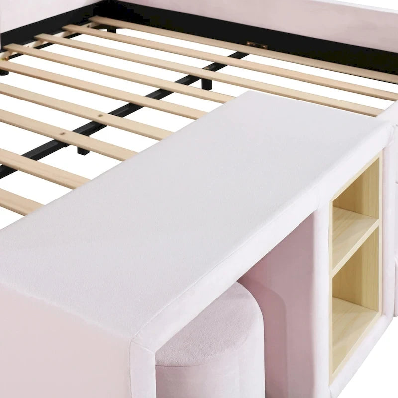 Lit plateforme tapissé en velours pleine grandeur avec bureau pour enfants