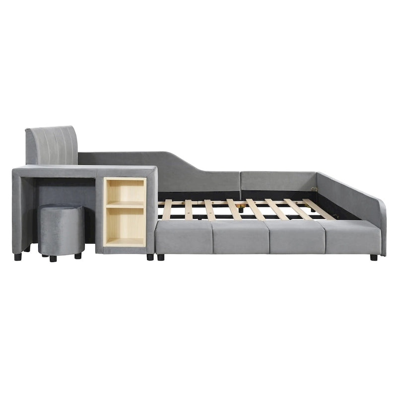 Lit plateforme tapissé en velours pleine grandeur avec bureau pour enfants