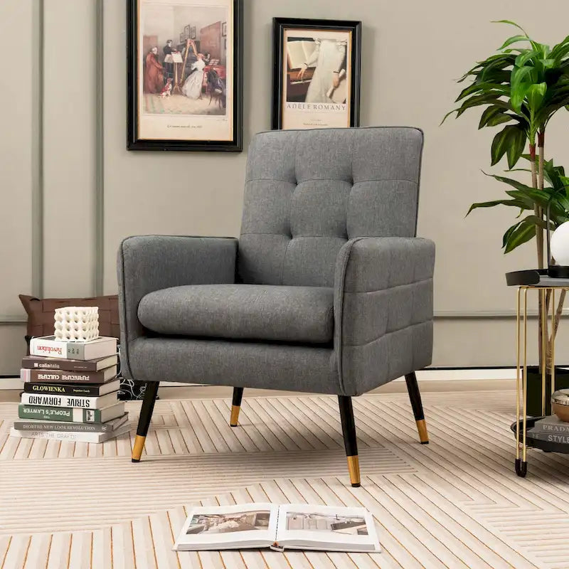 Fauteuil d'appoint rembourré avec dossier capitonné et pieds en métal