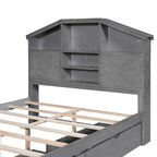 Lit plateforme double avec tête de lit en forme de maison et 2 tiroirs de rangement