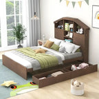 Lit plateforme double avec tête de lit en forme de maison et 2 tiroirs de rangement