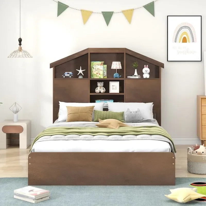Lit plateforme double avec tête de lit en forme de maison et 2 tiroirs de rangement