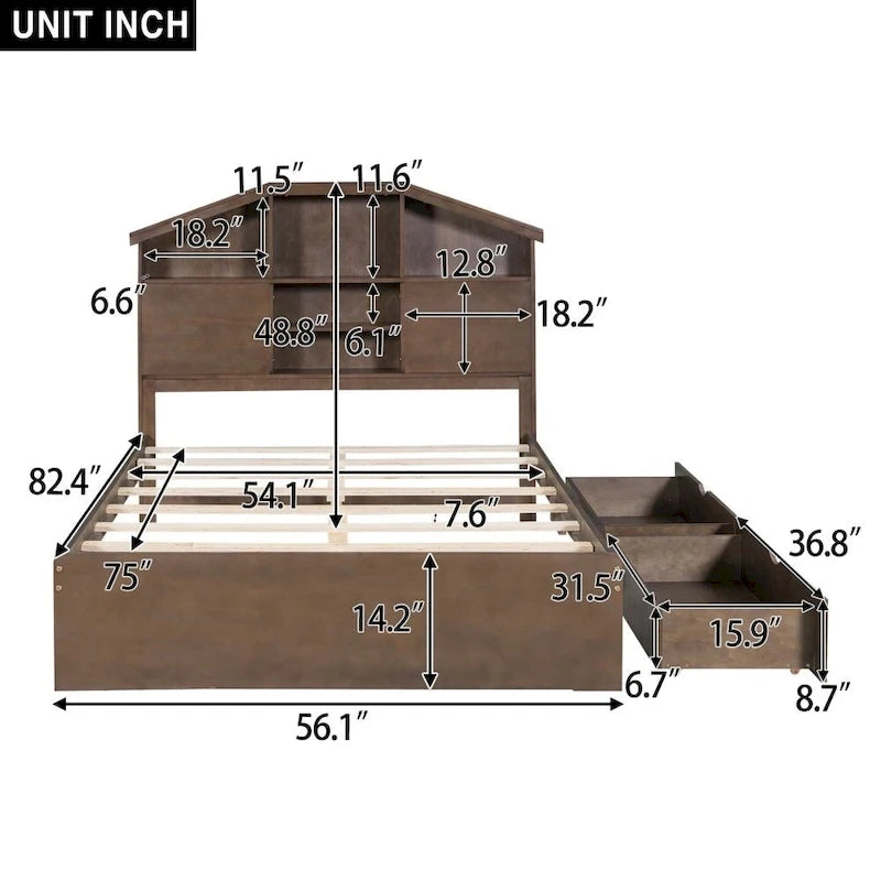 Lit plateforme double avec tête de lit en forme de maison et 2 tiroirs de rangement