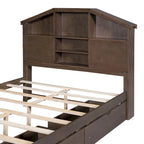 Lit plateforme double avec tête de lit en forme de maison et 2 tiroirs de rangement