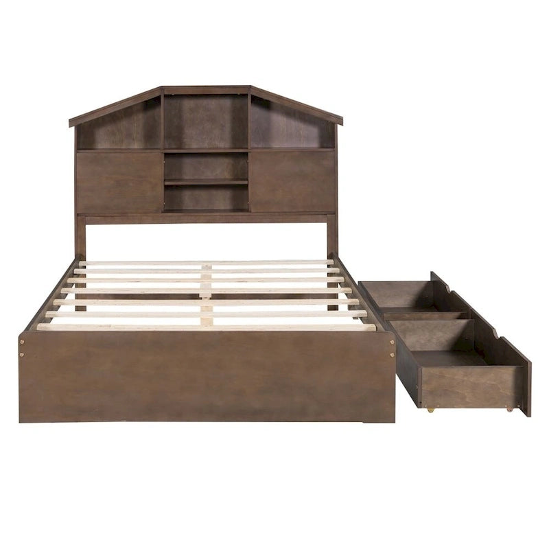 Lit plateforme double avec tête de lit en forme de maison et 2 tiroirs de rangement