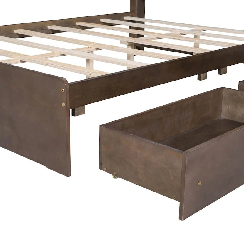 Lit plateforme double avec tête de lit en forme de maison et 2 tiroirs de rangement