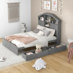 Lit plateforme double avec tête de lit en forme de maison et 2 tiroirs de rangement