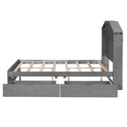 Lit plateforme double avec tête de lit en forme de maison et 2 tiroirs de rangement