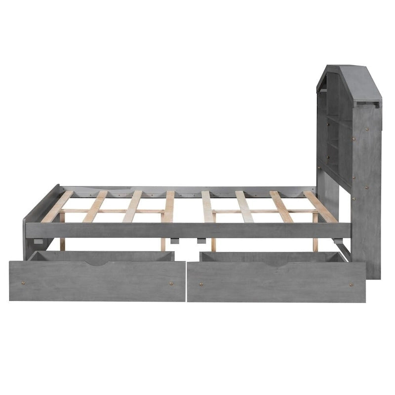 Lit plateforme double avec tête de lit en forme de maison et 2 tiroirs de rangement
