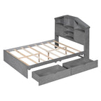 Lit plateforme double avec tête de lit en forme de maison et 2 tiroirs de rangement