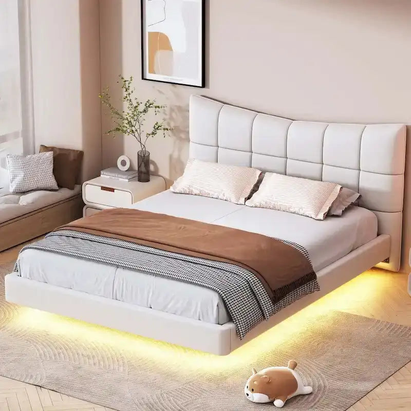 Lit plateforme rembourré pleine grandeur avec lumières DEL et ports de chargement USB