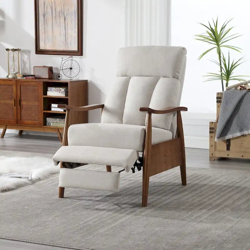 Fauteuil inclinable en tissu avec repose-pieds et pieds en bois