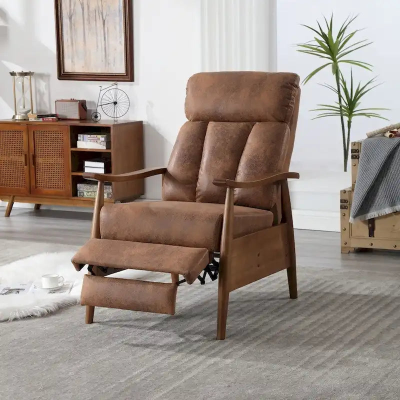 Fauteuil inclinable en tissu avec repose-pieds et pieds en bois
