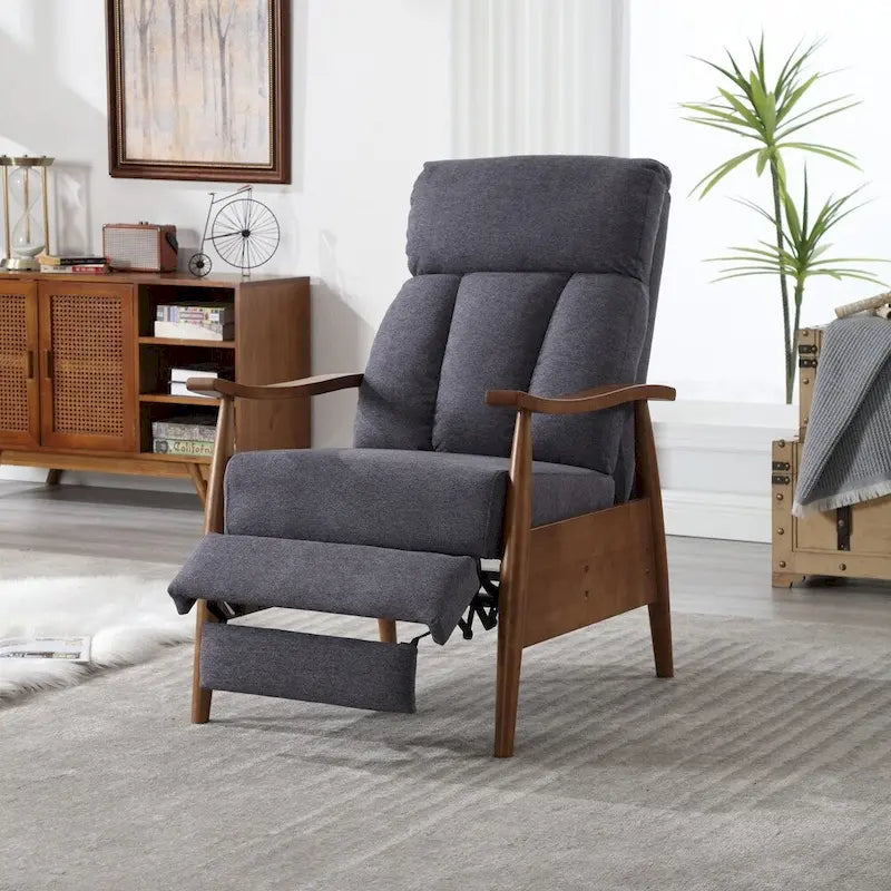 Fauteuil inclinable en tissu avec repose-pieds et pieds en bois