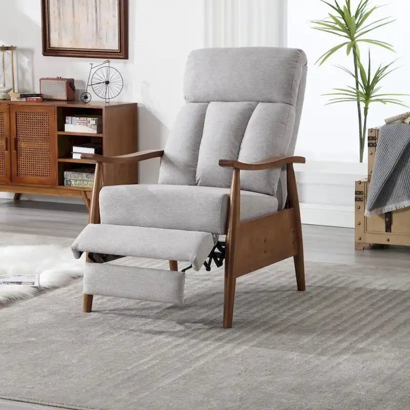 Fauteuil inclinable en tissu avec repose-pieds et pieds en bois