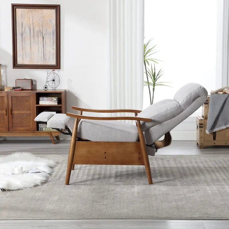 Fauteuil inclinable en tissu avec repose-pieds et pieds en bois