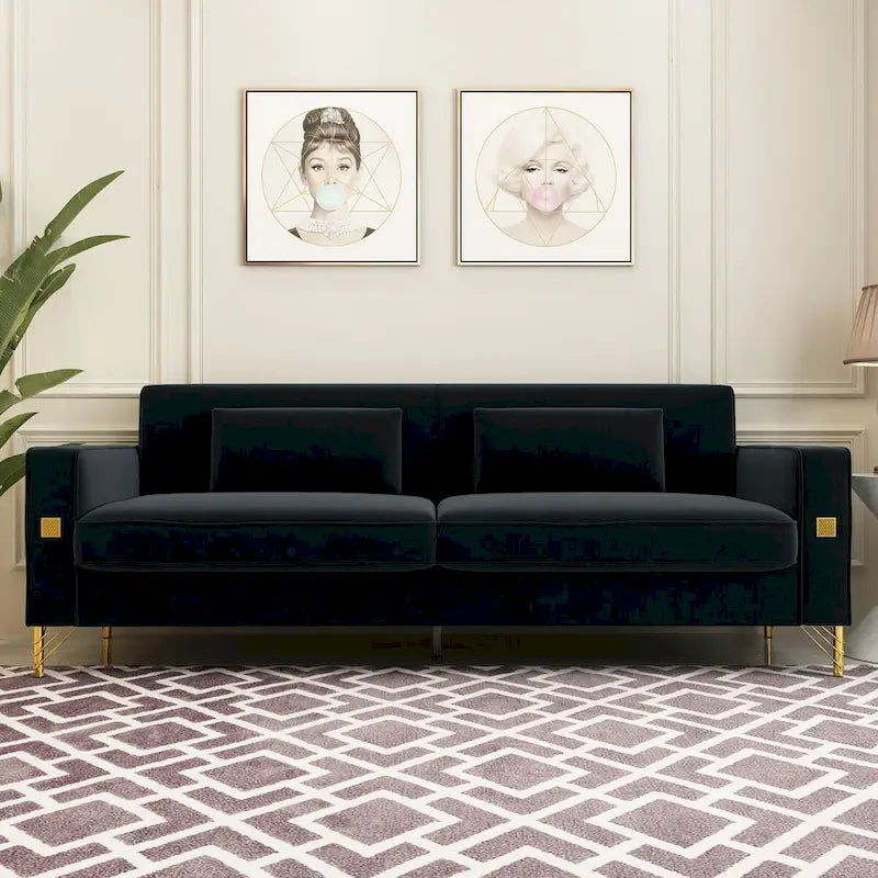 Canapé de causeuse en velours capitonné avec coussins lombaires — 85,63"P x 30,31"L x 30,51"H