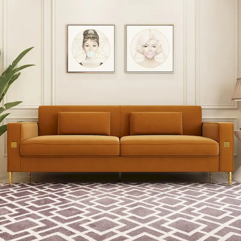Canapé de causeuse en velours capitonné avec coussins lombaires — 85,63"P x 30,31"L x 30,51"H