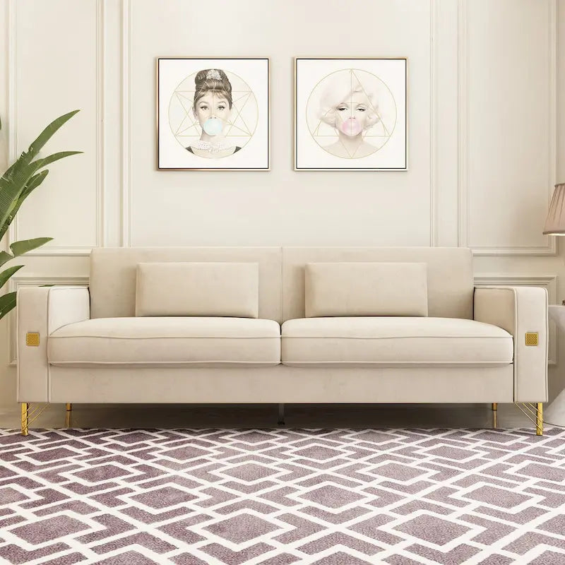 Canapé de causeuse en velours capitonné avec coussins lombaires — 85,63"P x 30,31"L x 30,51"H