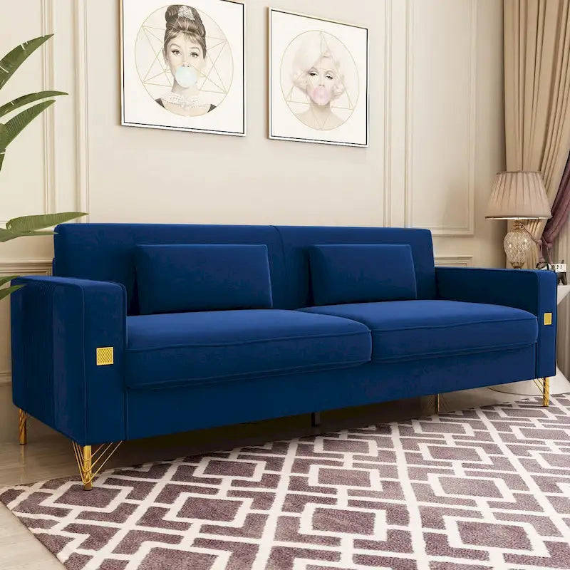 Canapé de causeuse en velours capitonné avec coussins lombaires — 85,63"P x 30,31"L x 30,51"H
