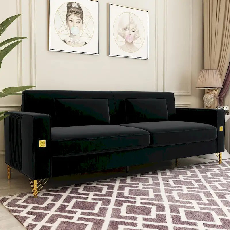 Canapé de causeuse en velours capitonné avec coussins lombaires — 85,63"P x 30,31"L x 30,51"H